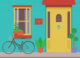 Background with yellow door and bicycle on blue wall. vector