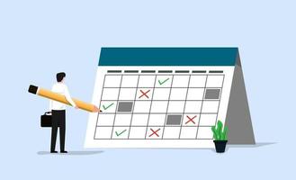 Businessman filling out the schedule on giant calendar. Work in progress and time management concept. vector