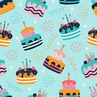 A set of bright colorful cakes in the style of flat doodles. Vector seamless pattern. Wallpaper, packaging paper design, fabrics