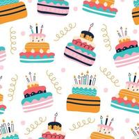 A set of bright colorful cakes on a white background in the style of flat doodles. Vector seamless pattern. Wallpaper, packaging paper design, fabrics