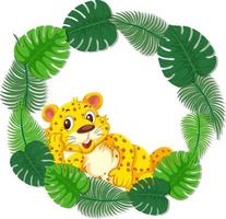 Plantilla de banner de hojas verdes redondas con un personaje de dibujos animados de leopardo vector