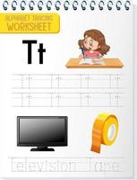 Alphabet tracing worksheet with letter T and t vector