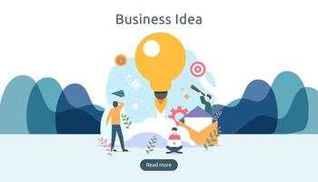 teamwork business brainstorming Idea concept with big yellow light bulb lamp, tiny people character. creative innovation solution. template for web landing page, banner, presentation, social media vector