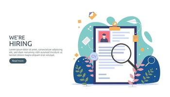 Job hiring and online recruitment concept with tiny people character. agency interview. select a resume process. template for web landing page, banner, presentation, social media. Vector illustration