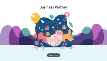 Business partnership relation concept with hand shake and tiny people character. team working together template for web landing page, banner, presentation, mockup, social media. Vector illustration