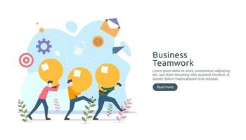 teamwork business brainstorming Idea concept with big yellow light bulb lamp, tiny people character. creative innovation solution. template for web landing page, banner, presentation, social media vector