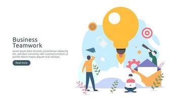 teamwork business brainstorming Idea concept with big yellow light bulb lamp, tiny people character. creative innovation solution. template for web landing page, banner, presentation, social media vector