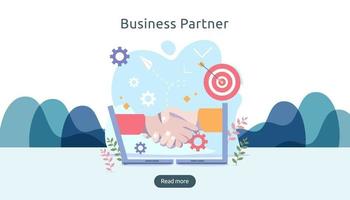 Business partnership relation concept with hand shake and tiny people character. team working together template for web landing page, banner, presentation, mockup, social media. Vector illustration