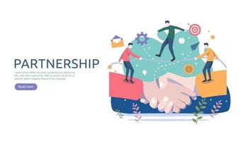 Business partnership relation concept with hand shake and tiny people character. team working together template for web landing page, banner, presentation, mockup, social media. Vector illustration