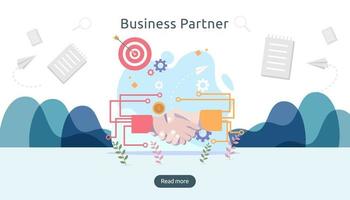 Business partnership relation concept with hand shake and tiny people character. team working together template for web landing page, banner, presentation, mockup, social media. Vector illustration