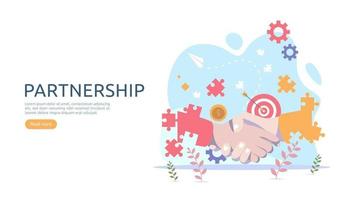 Business partnership relation concept with hand shake and tiny people character. team working together template for web landing page, banner, presentation, mockup, social media. Vector illustration