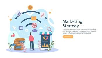 digital marketing strategy concept with tiny people character. online ecommerce business in modern flat design template for web landing page, banner, presentation, social media. Vector illustration