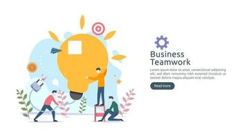 teamwork business brainstorming Idea concept with big yellow light bulb lamp, tiny people character. creative innovation solution. template for web landing page, banner, presentation, social media vector