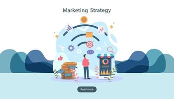 digital marketing strategy concept with tiny people character. online ecommerce business in modern flat design template for web landing page, banner, presentation, social media. Vector illustration