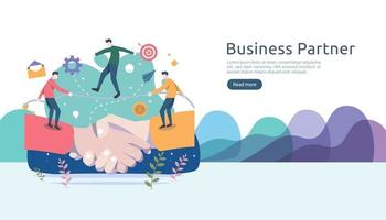 Business partnership relation concept with hand shake and tiny people character. team working together template for web landing page, banner, presentation, mockup, social media. Vector illustration