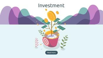 Business management growth concept. Returns on investment isometric vector illustration with money coin plant in flower pot. template for web landing page, banner, presentation, social media.