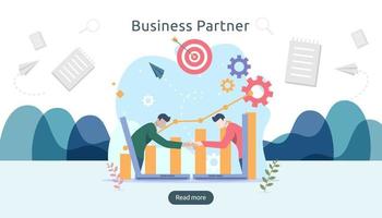 Business partnership relation concept idea with tiny people character. team working partner together template for web landing page, banner, presentation, mockup, social media. Vector illustration