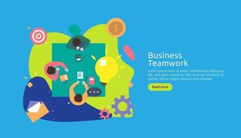 teamwork business brainstorming Idea concept with big yellow light bulb lamp, tiny people character. creative innovation solution. template for web landing page, banner, presentation, social media vector