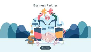 Business partnership relation concept idea with tiny people character. team working partner together template for web landing page, banner, presentation, mockup, social media. Vector illustration