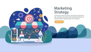 digital marketing strategy concept with tiny people character. online ecommerce business in modern flat design template for web landing page, banner, presentation, social media. Vector illustration