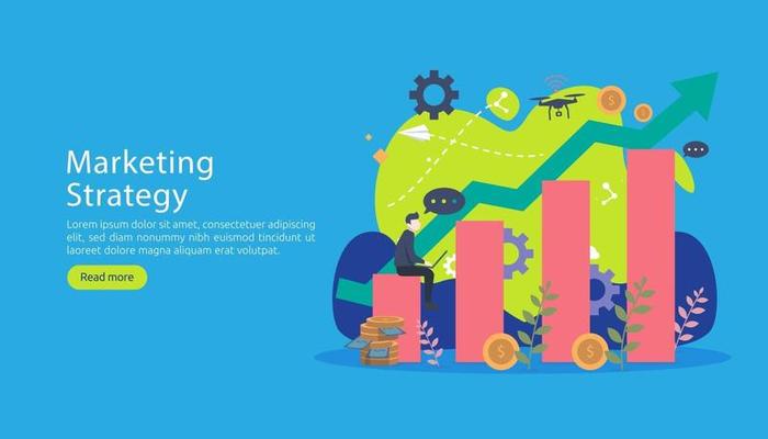 digital marketing strategy concept with tiny people character. online ecommerce business in modern flat design template for web landing page, banner, presentation, social media. Vector illustration