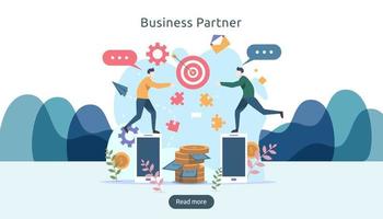 Business partnership relation concept idea with tiny people character. team working partner together template for web landing page, banner, presentation, mockup, social media. Vector illustration