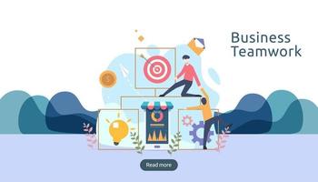 teamwork business brainstorming Idea concept with big yellow light bulb lamp, tiny people character. creative innovation solution. template for web landing page, banner, presentation, social media vector