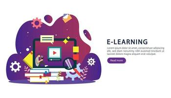 E-learning concept with computer, book and tiny people character in study process. E-book or online education. template for web landing page, banner, presentation, social media and print material vector