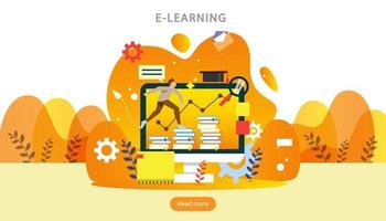 E-learning concept with computer, book and tiny people character in study process. E-book or online education. template for web landing page, banner, presentation, social media and print material vector