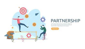 Business partnership relation concept idea with tiny people character. team working partner together template for web landing page, banner, presentation, mockup, social media. Vector illustration