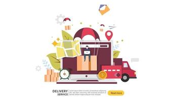 Online Delivery service. order express tracking concept with tiny character and cargo box truck. template for web landing page, banner, presentation, social media and print media. Vector illustration