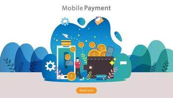 mobile payment or money transfer concept. E-commerce market shopping online illustration with tiny people character. template for web landing page, banner, presentation, social media, print media vector