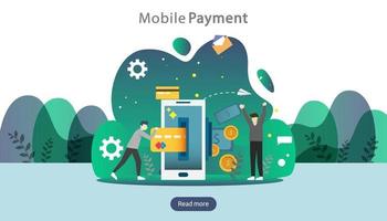 mobile payment or money transfer concept. E-commerce market shopping online illustration with tiny people character. template for web landing page, banner, presentation, social media, print media vector