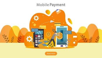 mobile payment or money transfer concept. E-commerce market shopping online illustration with tiny people character. template for web landing page, banner, presentation, social media, print media vector