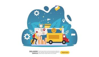 Online Delivery service. order express tracking concept with tiny character and cargo box truck. template for web landing page, banner, presentation, social media and print media. Vector illustration