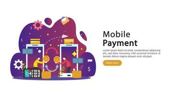 mobile payment or money transfer concept. E-commerce market shopping online illustration with tiny people character. template for web landing page, banner, presentation, social media, print media vector