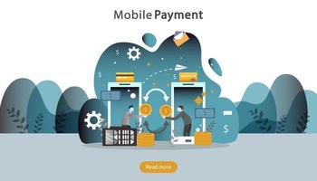 mobile payment or money transfer concept. E-commerce market shopping online illustration with tiny people character. template for web landing page, banner, presentation, social media, print media vector