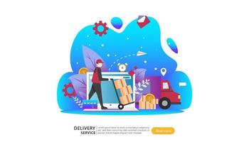 Online Delivery service. order express tracking concept with tiny character and cargo box truck. template for web landing page, banner, presentation, social media and print media. Vector illustration