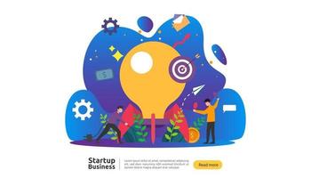 start up idea concept. project business with rocket tiny people character. new product or service launch template for web landing page, banner, presentation, social, print media. Vector illustration