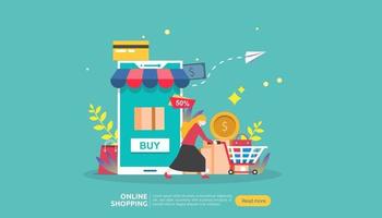 banner de compras en línea. concepto de negocio para la venta de comercio electrónico con teléfono inteligente y carácter de gente pequeña. plantilla para página de destino web, presentación, redes sociales y medios impresos. ilustración vectorial vector