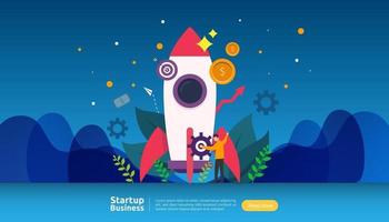 start up idea concept. project business with rocket tiny people character. new product or service launch template for web landing page, banner, presentation, social, print media. Vector illustration