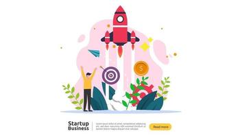 start up idea concept. project business with rocket tiny people character. new product or service launch template for web landing page, banner, presentation, social, print media. Vector illustration