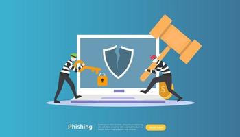 Plantilla de página de destino del concepto de ataque de phishing de contraseña. sanador robando seguridad personal en internet con carácter de gente diminuta. web, banner, presentación, medios sociales e impresos. ilustración vectorial vector