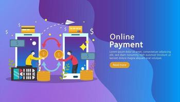 mobile payment or money transfer concept. E-commerce market shopping online illustration with tiny people character. template for web landing page, banner, presentation, social media, print media vector