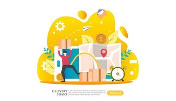 Online Delivery service. order express tracking concept with tiny character and cargo box truck. template for web landing page, banner, presentation, social media and print media. Vector illustration