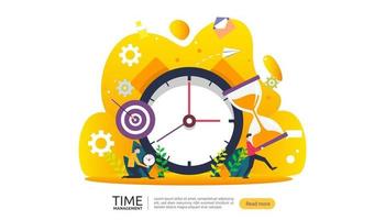 concepto de gestión del tiempo y dilación. planificación y estrategia de soluciones comerciales con reloj, calendario y carácter de personas diminutas para presentaciones, medios sociales e impresos. ilustración vectorial vector