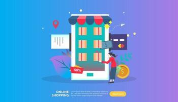 banner de compras en línea. concepto de negocio para la venta de comercio electrónico con teléfono inteligente y carácter de gente pequeña. plantilla para página de destino web, presentación, redes sociales y medios impresos. ilustración vectorial vector