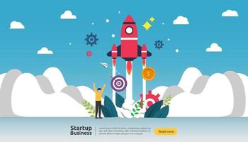 start up idea concept. project business with rocket tiny people character. new product or service launch template for web landing page, banner, presentation, social, print media. Vector illustration