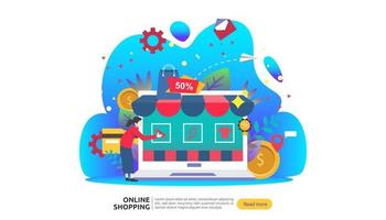 banner de compras en línea. concepto de negocio para la venta de comercio electrónico con teléfono inteligente y carácter de gente pequeña. plantilla para página de destino web, presentación, redes sociales y medios impresos. ilustración vectorial vector