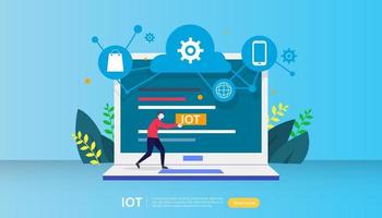 IOT smart house monitoring concept for industrial 4.0 home technology on laptop screen of internet of things connected objects. web landing page template, banner, print media. Vector illustration